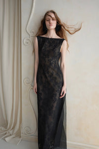 Brelvik Lace Backless Maxi Dress In Black