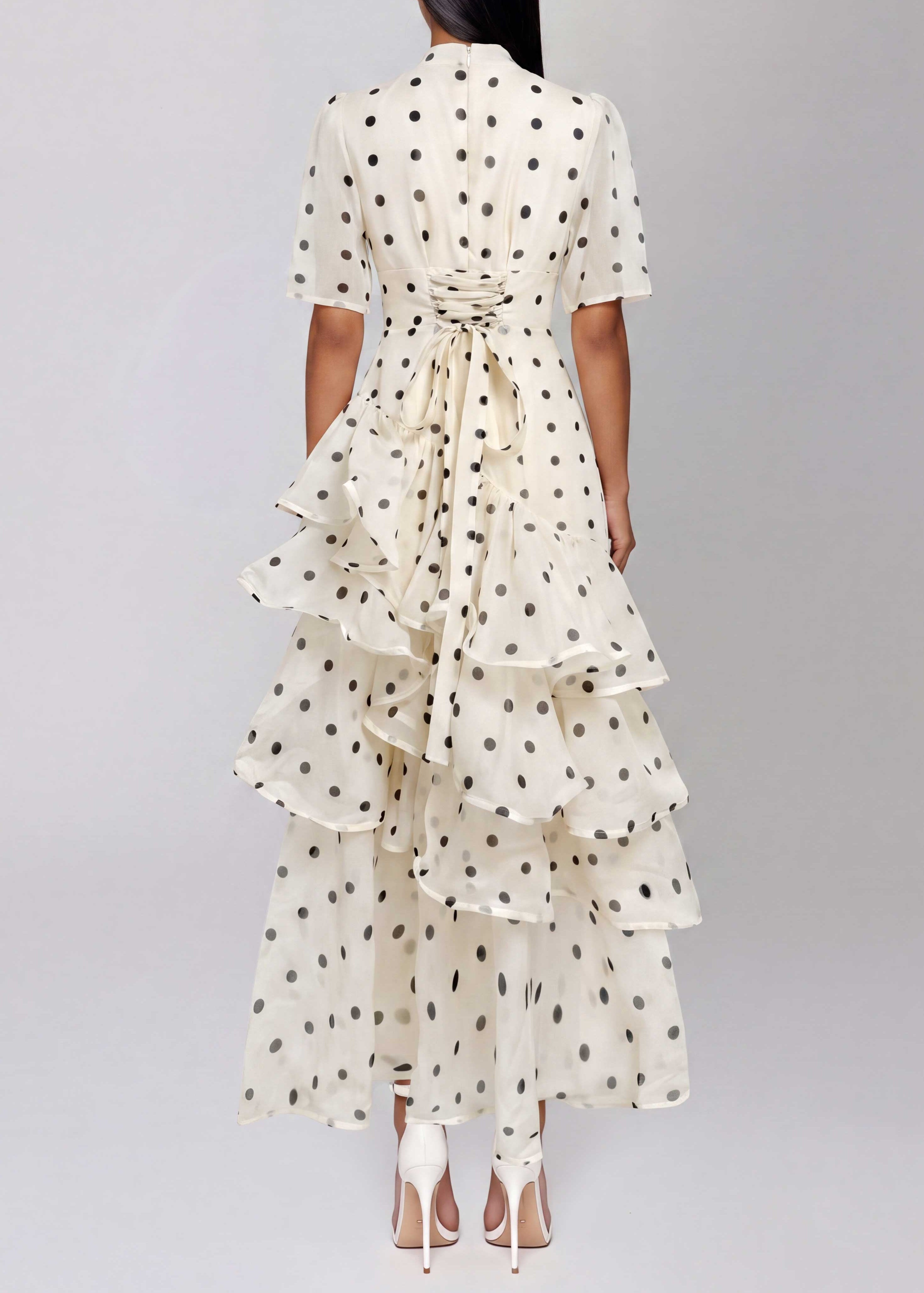 Elizette V Neck Dot Ruffle Maxi Dress