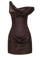 Mireille Brown One Shoulder Satin Mini Dress