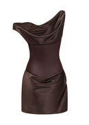 Mireille Brown One Shoulder Satin Mini Dress