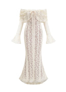 Pernilla Floral Lace Flared-Cuff Maxi Dress In Neutrals