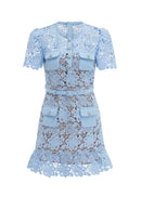 Kryzelle Blue Floral-Appliqué Ruffled Lace Mini Dress