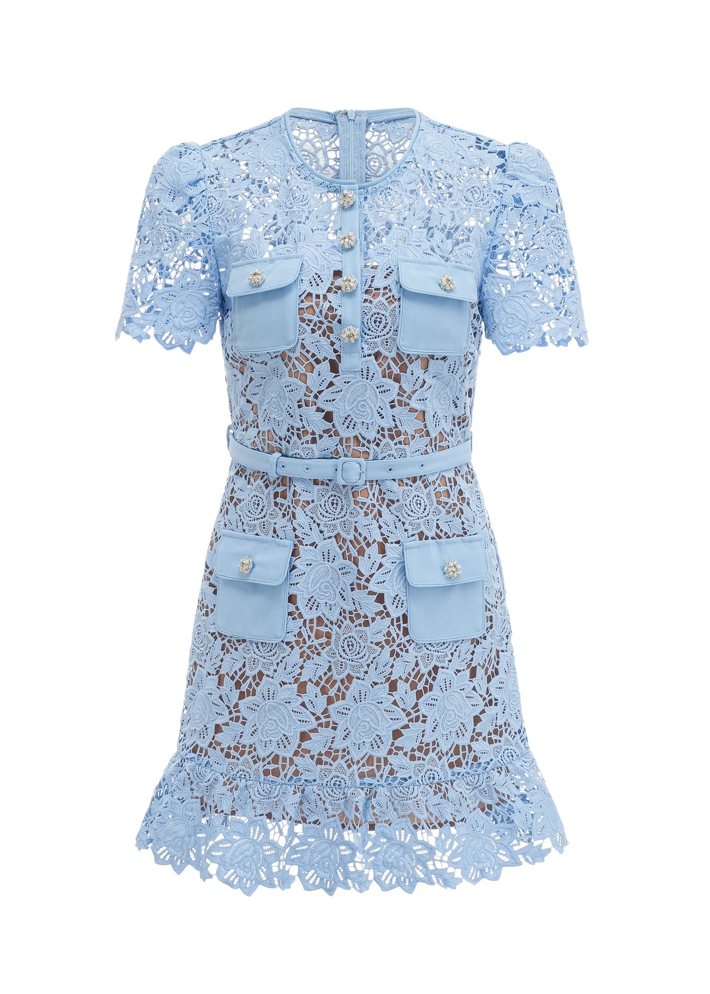 Kryzelle Blue Floral-Appliqué Ruffled Lace Mini Dress