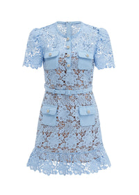 Kryzelle Blue Floral-Appliqué Ruffled Lace Mini Dress