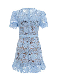 Kryzelle Blue Floral-Appliqué Ruffled Lace Mini Dress