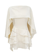 Therese White Satin Ruffled Mini Dress with Shawl Panel Detail