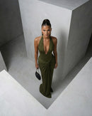 Genowefa Olive Draped Halter Maxi Dress