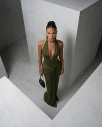 Genowefa Olive Draped Halter Maxi Dress