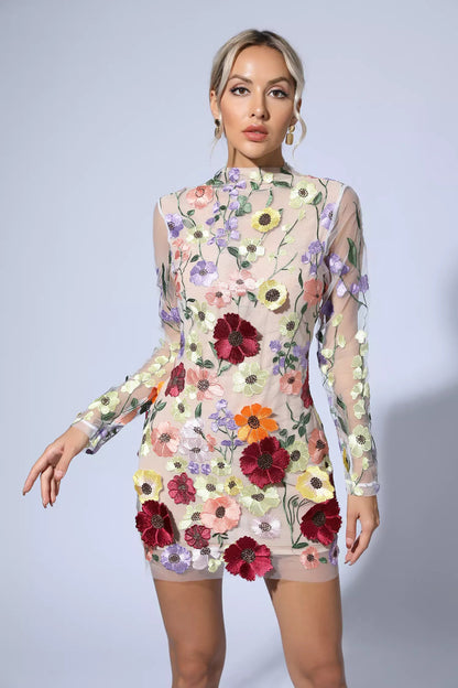 Pava Embroidered Lace Half High Collar Mini Dress