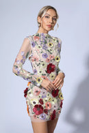 Pava Embroidered Lace Half High Collar Mini Dress