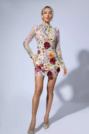 Pava Embroidered Lace Half High Collar Mini Dress