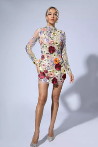 Pava Embroidered Lace Half High Collar Mini Dress