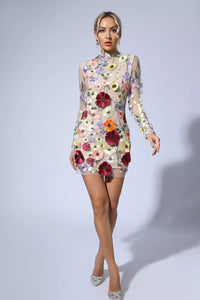 Pava Embroidered Lace Half High Collar Mini Dress