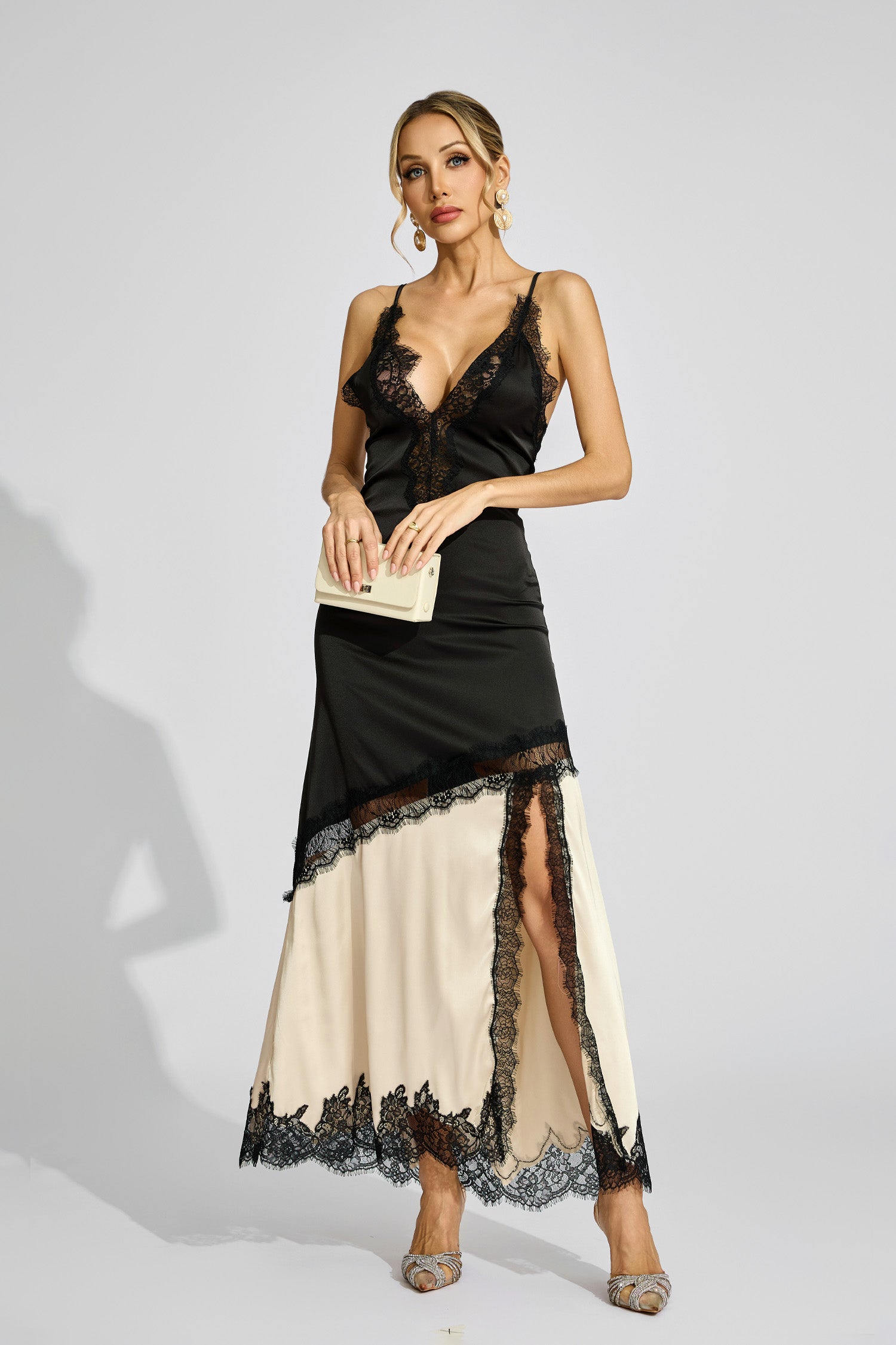 Caelira Contrast Lace Maxi Dress In Black