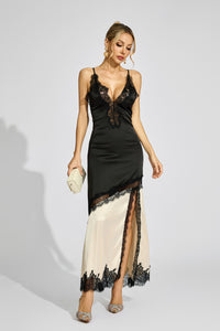 Caelira Contrast Lace Maxi Dress In Black