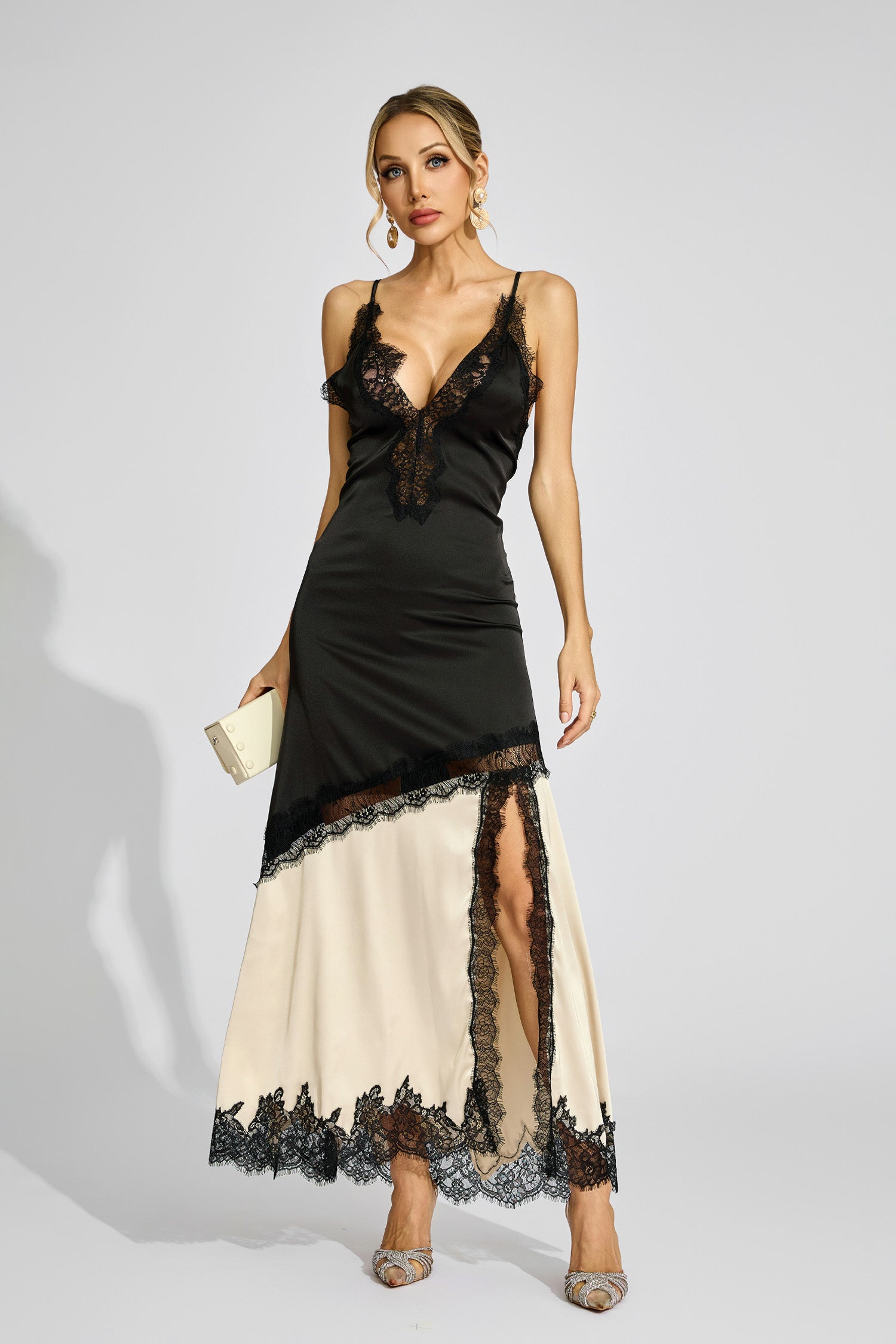 Caelira Contrast Lace Maxi Dress In Black