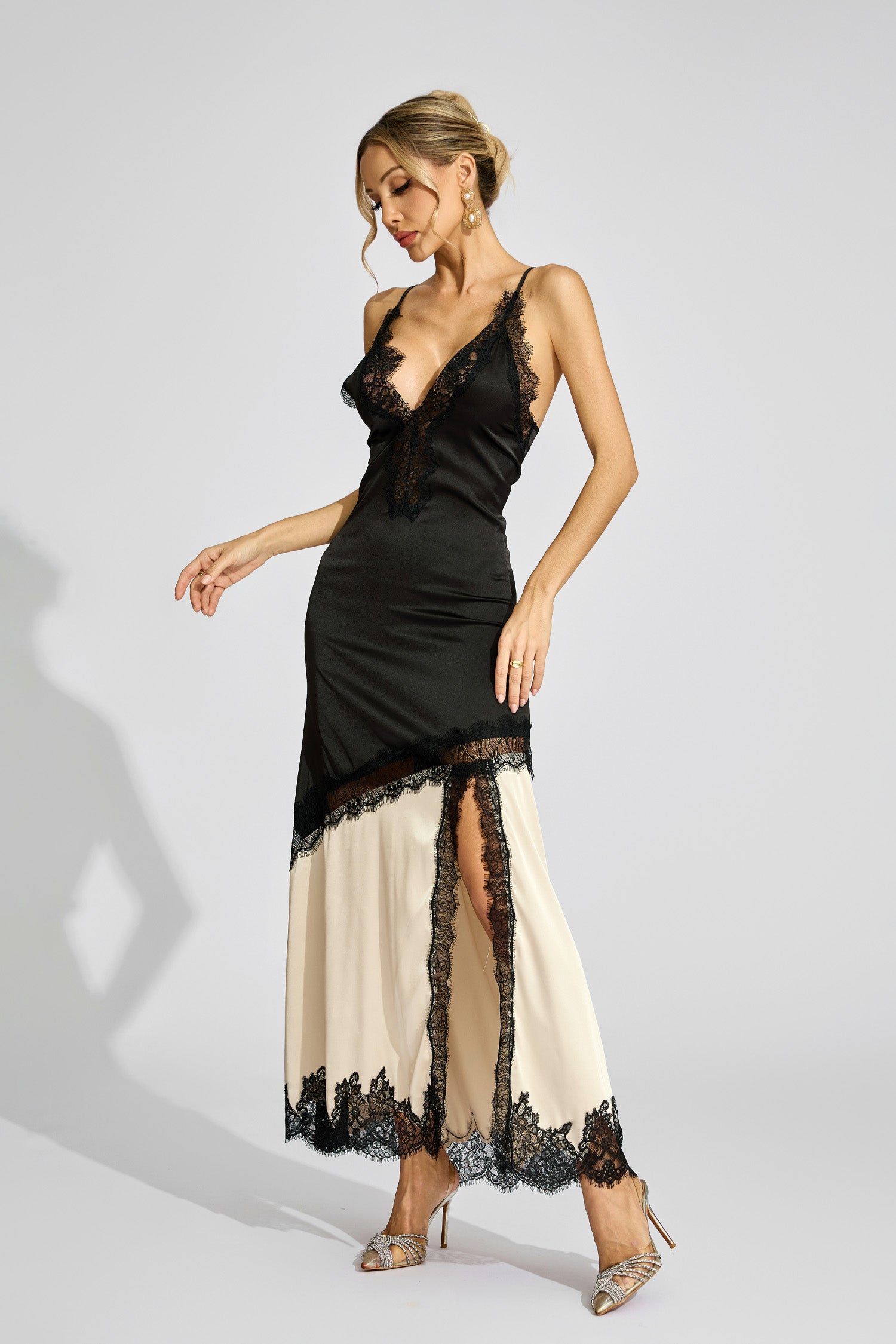 Caelira Contrast Lace Maxi Dress In Black