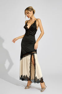 Caelira Contrast Lace Maxi Dress In Black