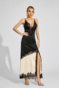 Caelira Contrast Lace Maxi Dress In Black