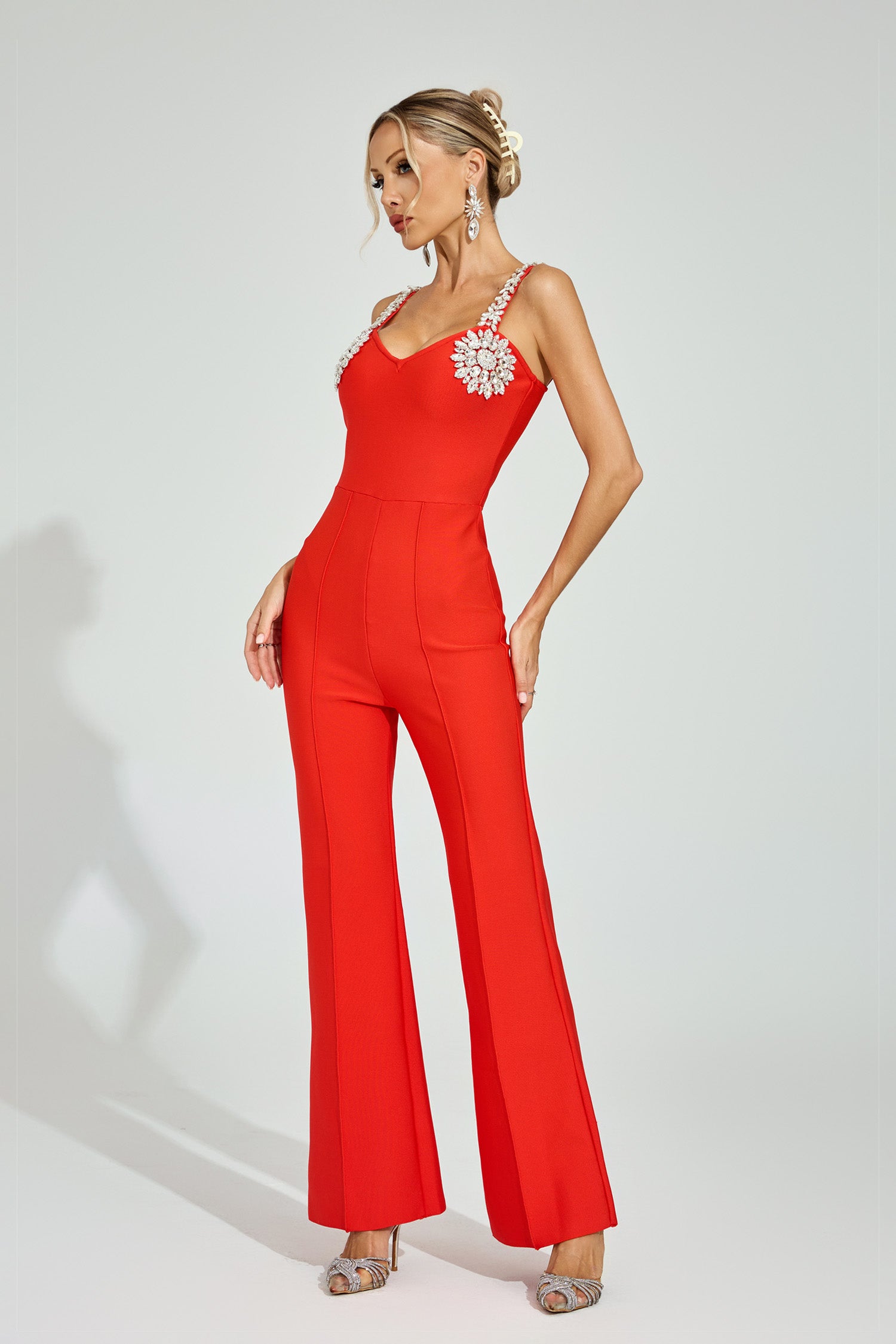 Dorvex Rhinestone Strap Jumpsuit In Red