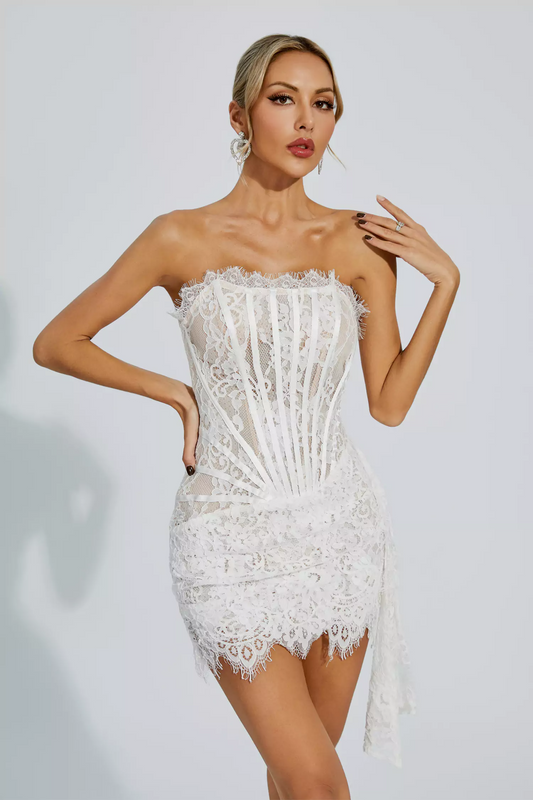 Kellie Strapless Lace Appliques Mini Dress In White