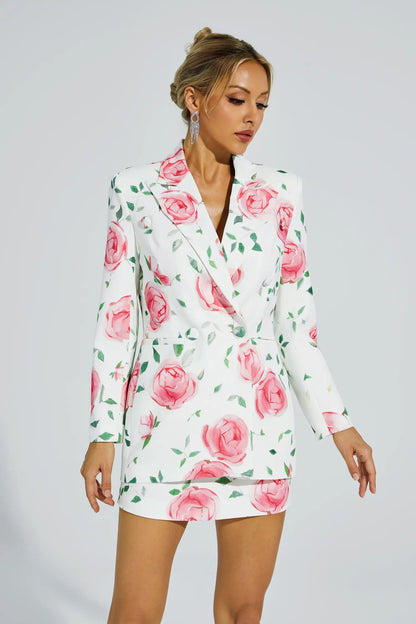 Electra White Rose Printed Blazer Set