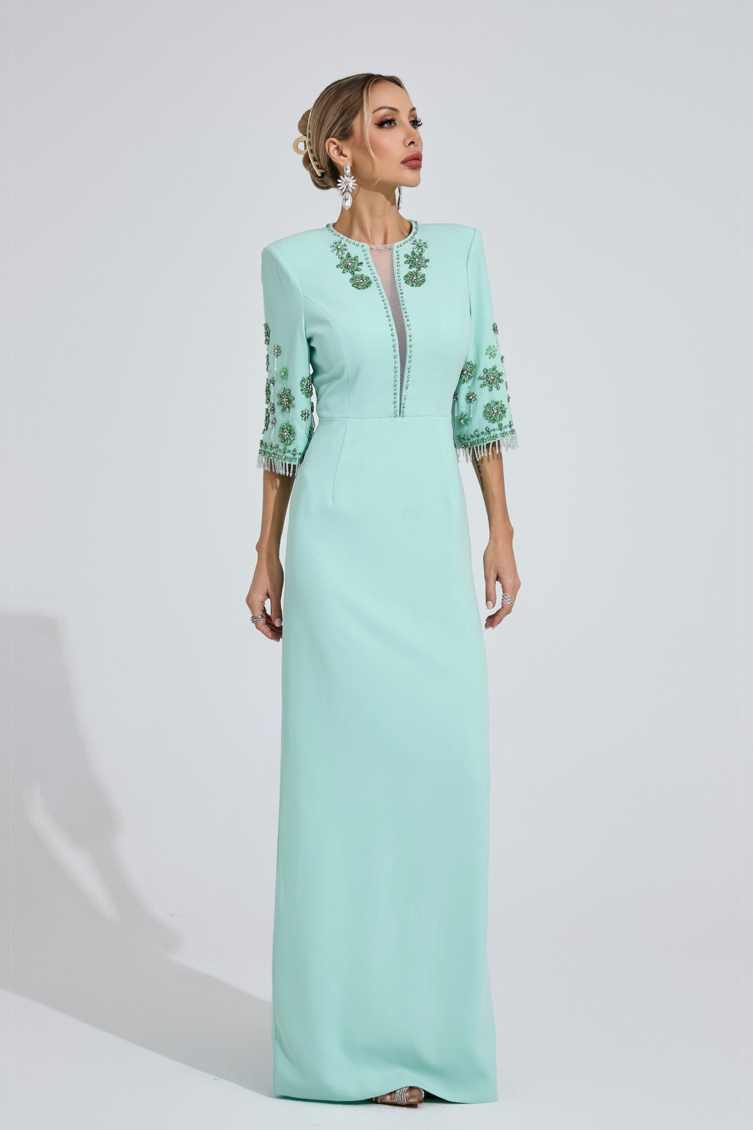 Pyrelith Mint Green Beaded Maxi Dress