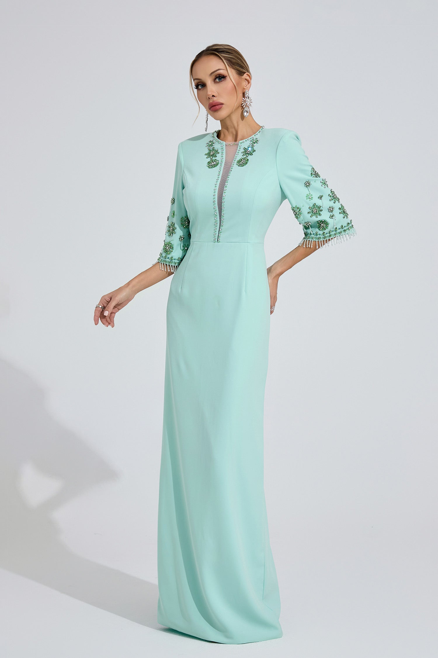 Pyrelith Mint Green Beaded Maxi Dress