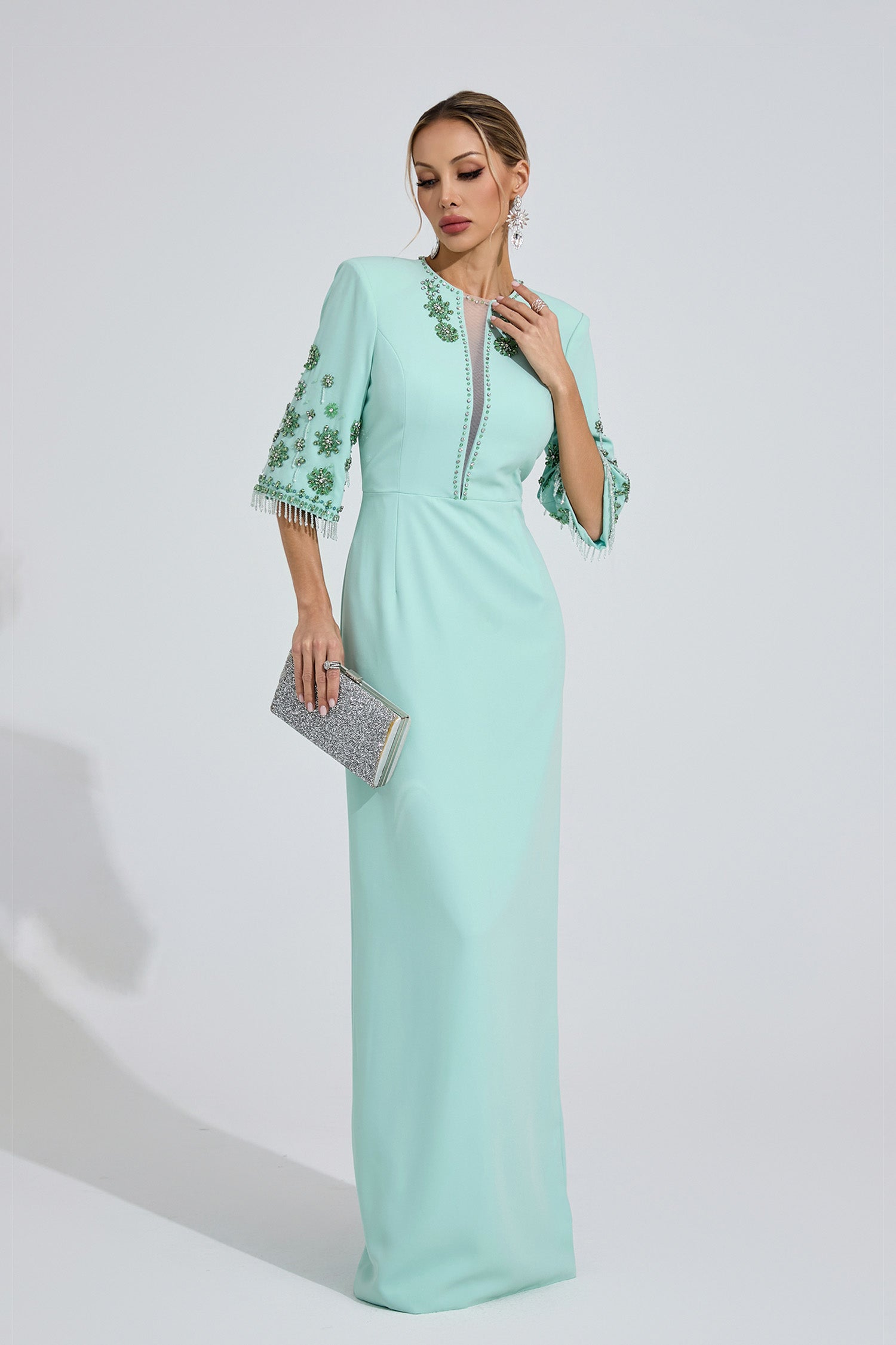 Pyrelith Mint Green Beaded Maxi Dress