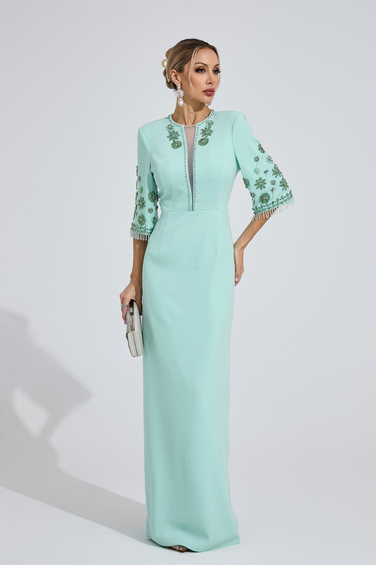 Pyrelith Mint Green Beaded Maxi Dress