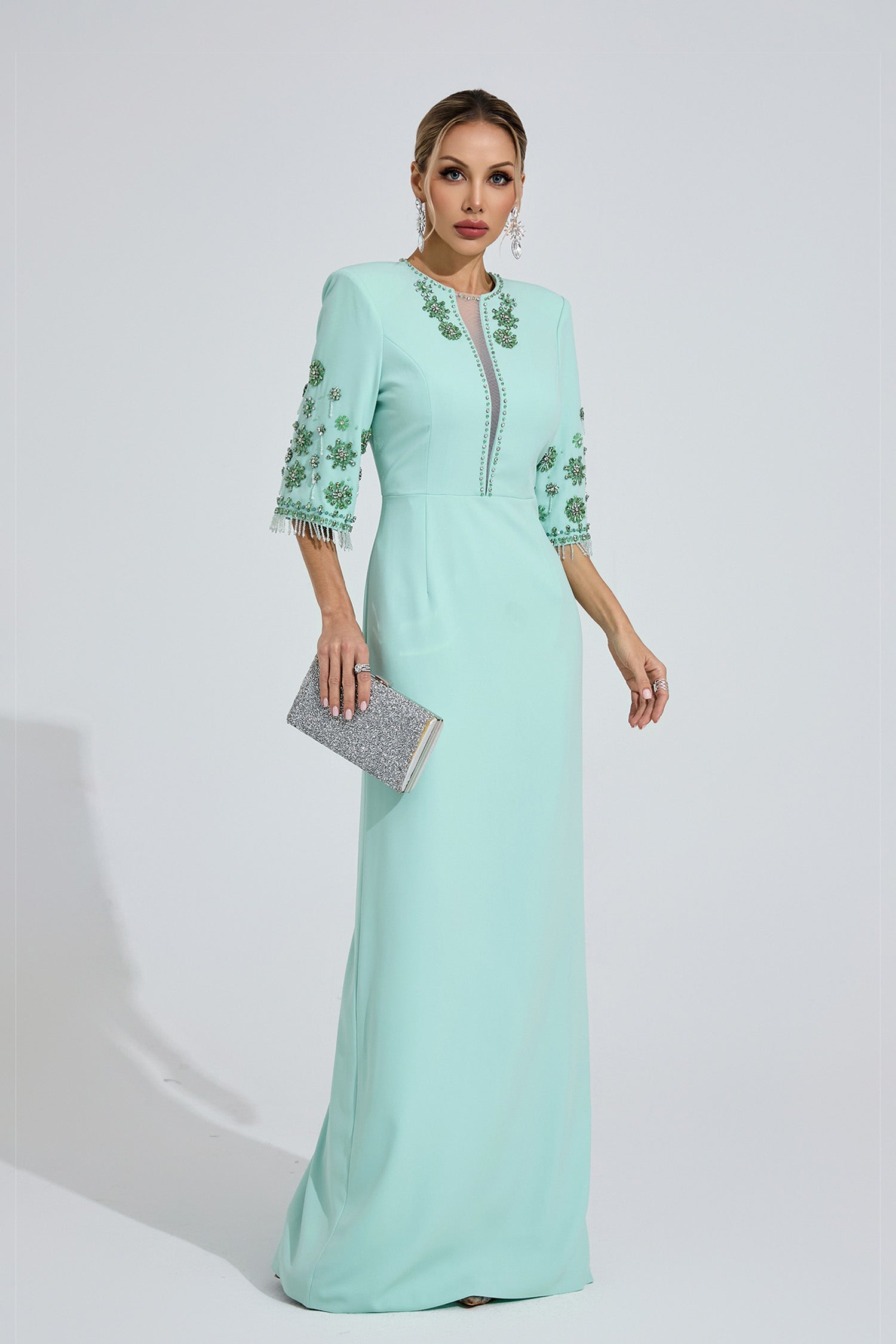 Pyrelith Mint Green Beaded Maxi Dress