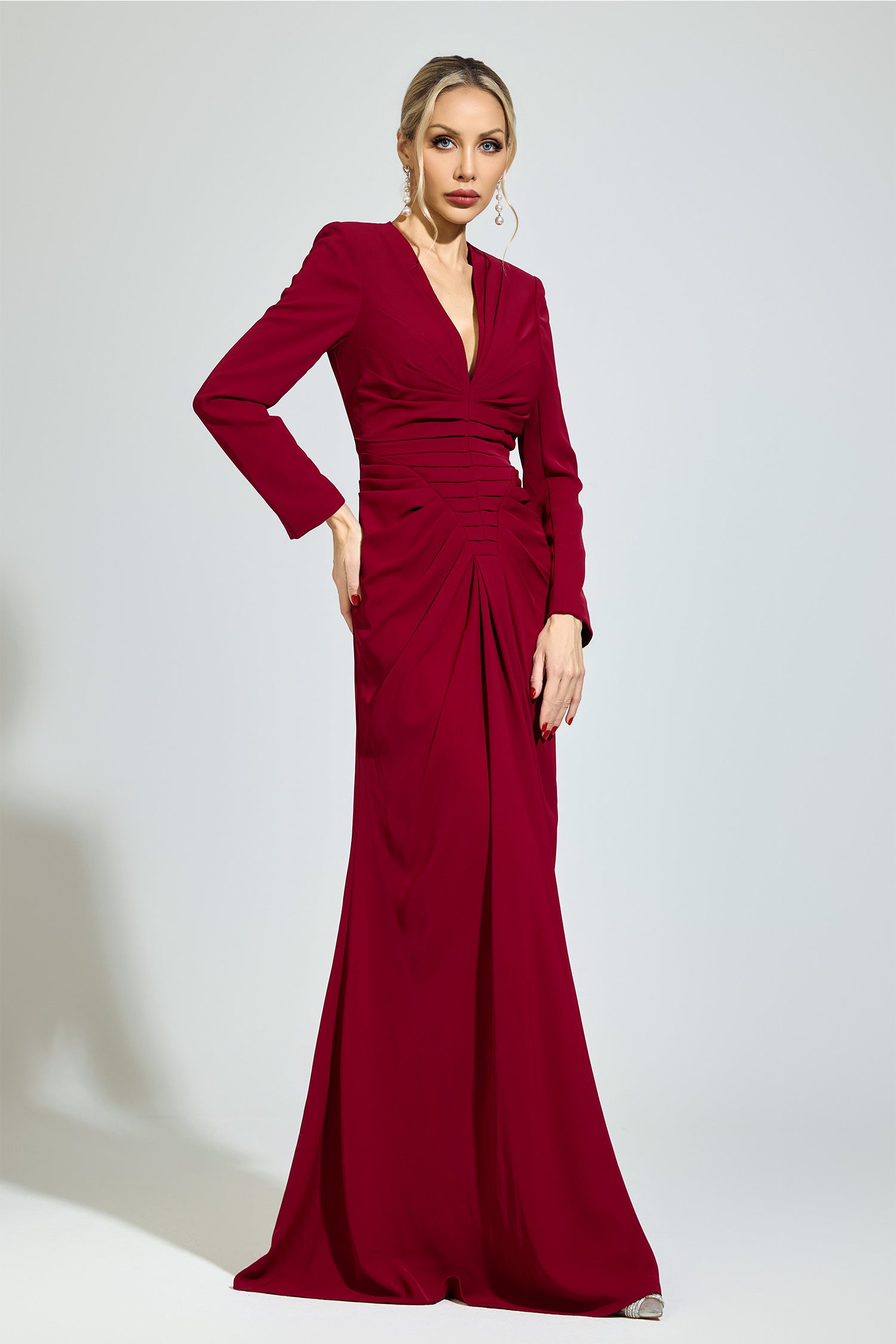 Perynix Red Ruched Formal Dress