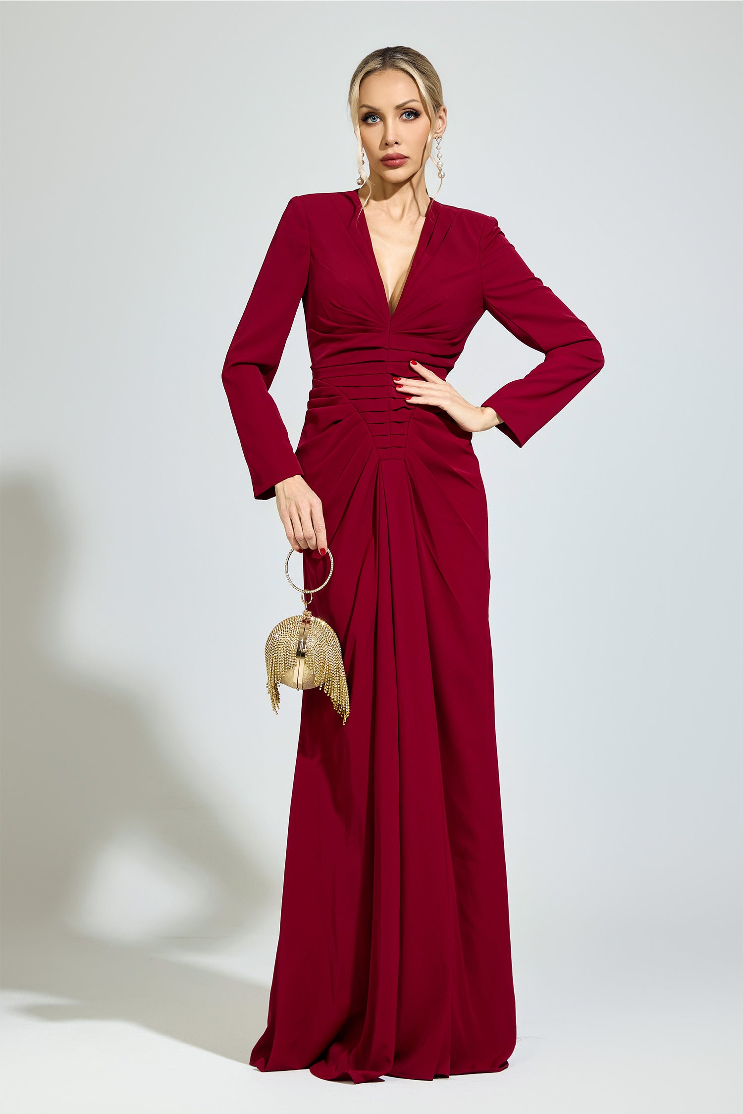 Perynix Red Ruched Formal Dress