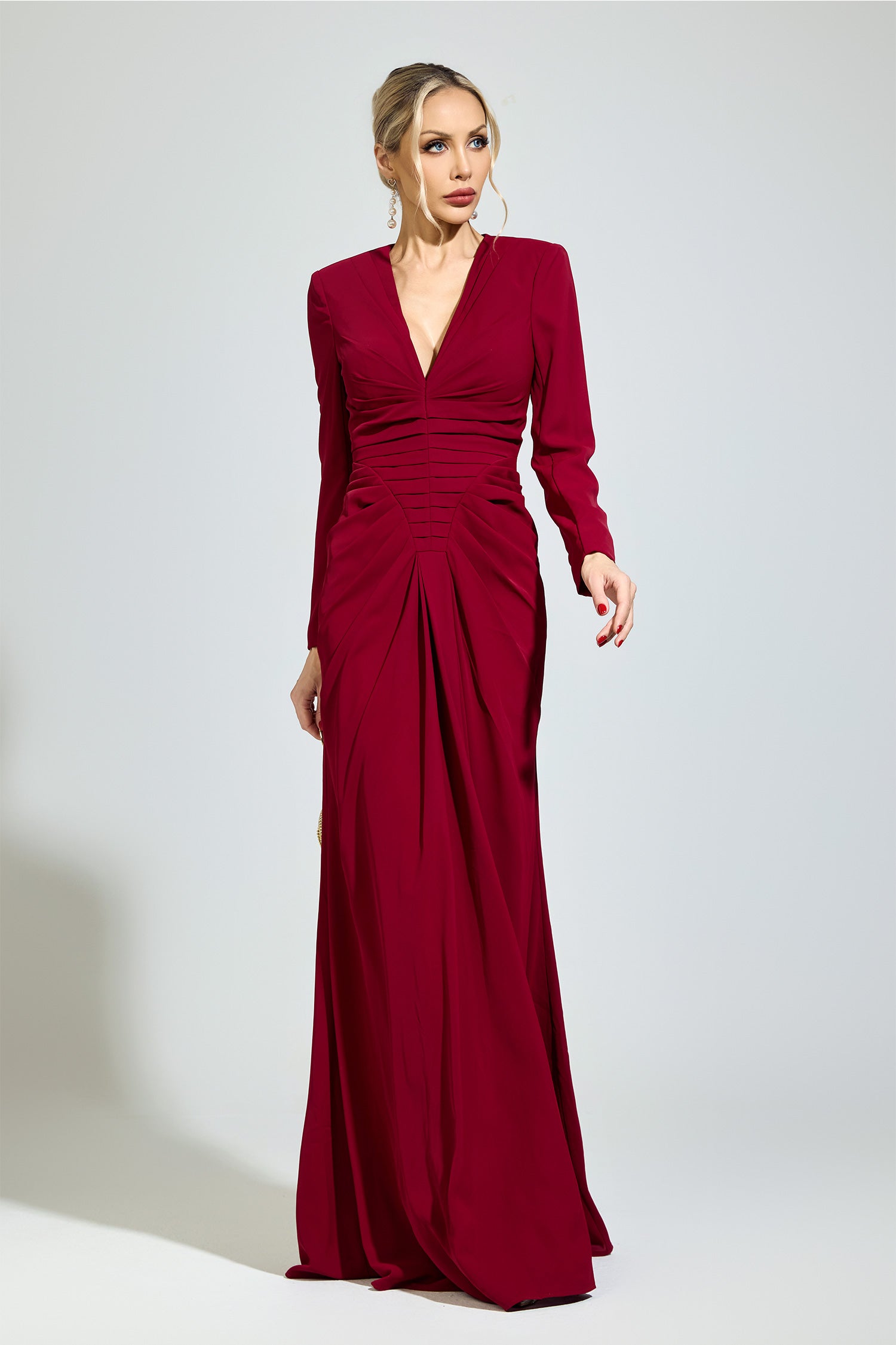 Perynix Red Ruched Formal Dress