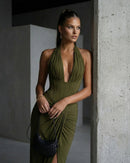 Genowefa Olive Draped Halter Maxi Dress