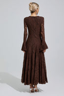 Arqelis Brown Bell Sleeve Lace Maxi Dress