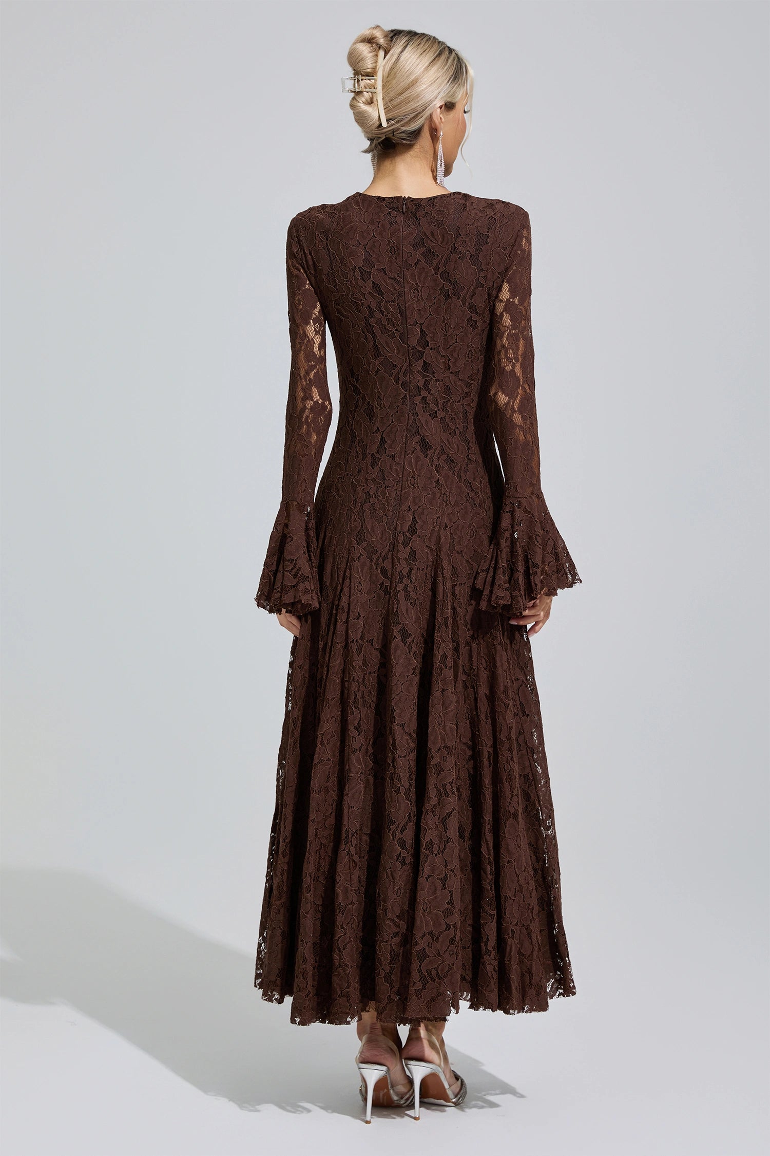 Arqelis Brown Bell Sleeve Lace Maxi Dress