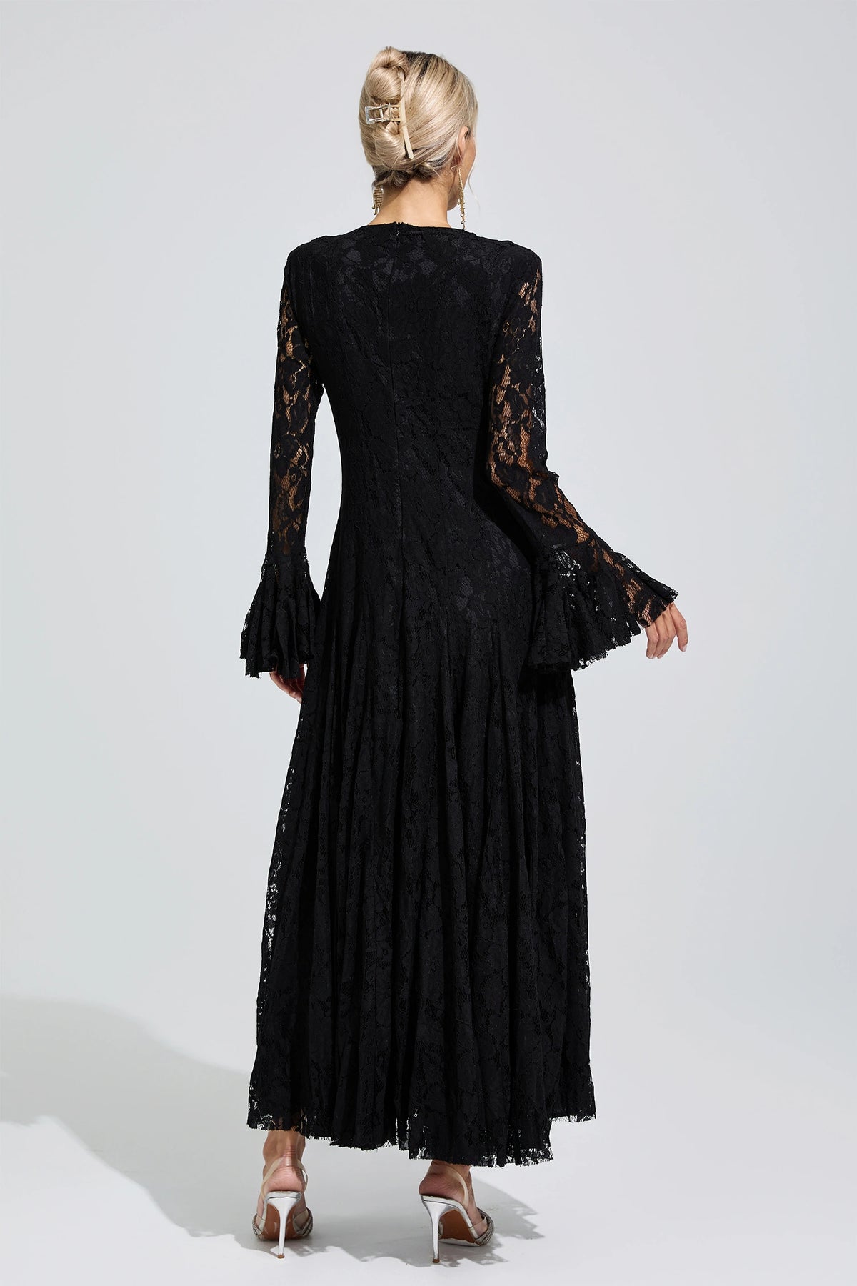Arqelis Black Bell Sleeve Lace Maxi Dress
