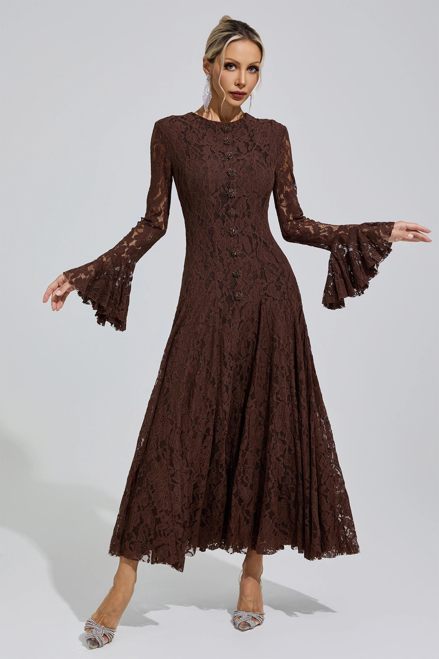 Arqelis Brown Bell Sleeve Lace Maxi Dress