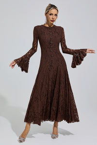 Arqelis Brown Bell Sleeve Lace Maxi Dress