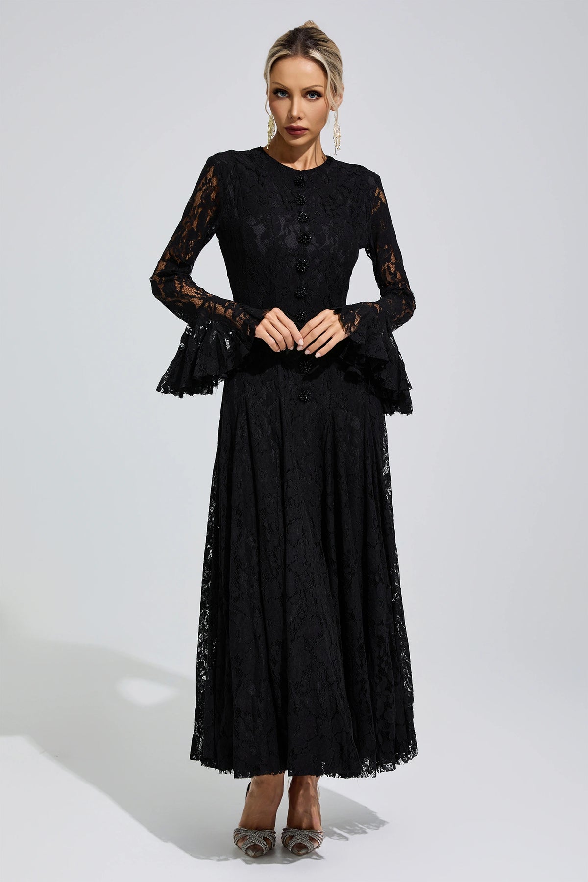Arqelis Black Bell Sleeve Lace Maxi Dress