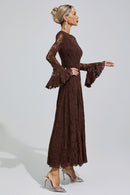 Arqelis Brown Bell Sleeve Lace Maxi Dress