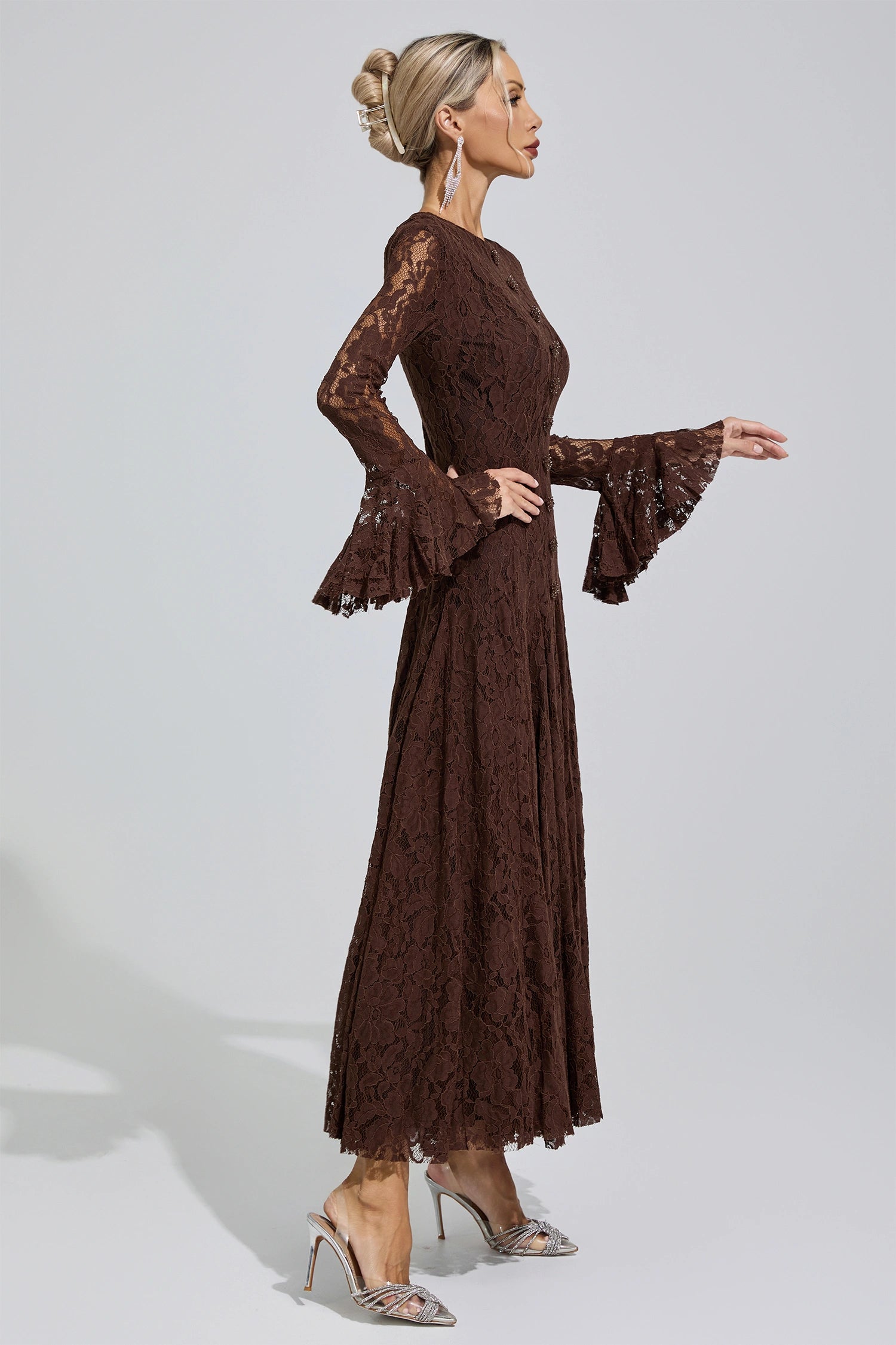 Arqelis Brown Bell Sleeve Lace Maxi Dress