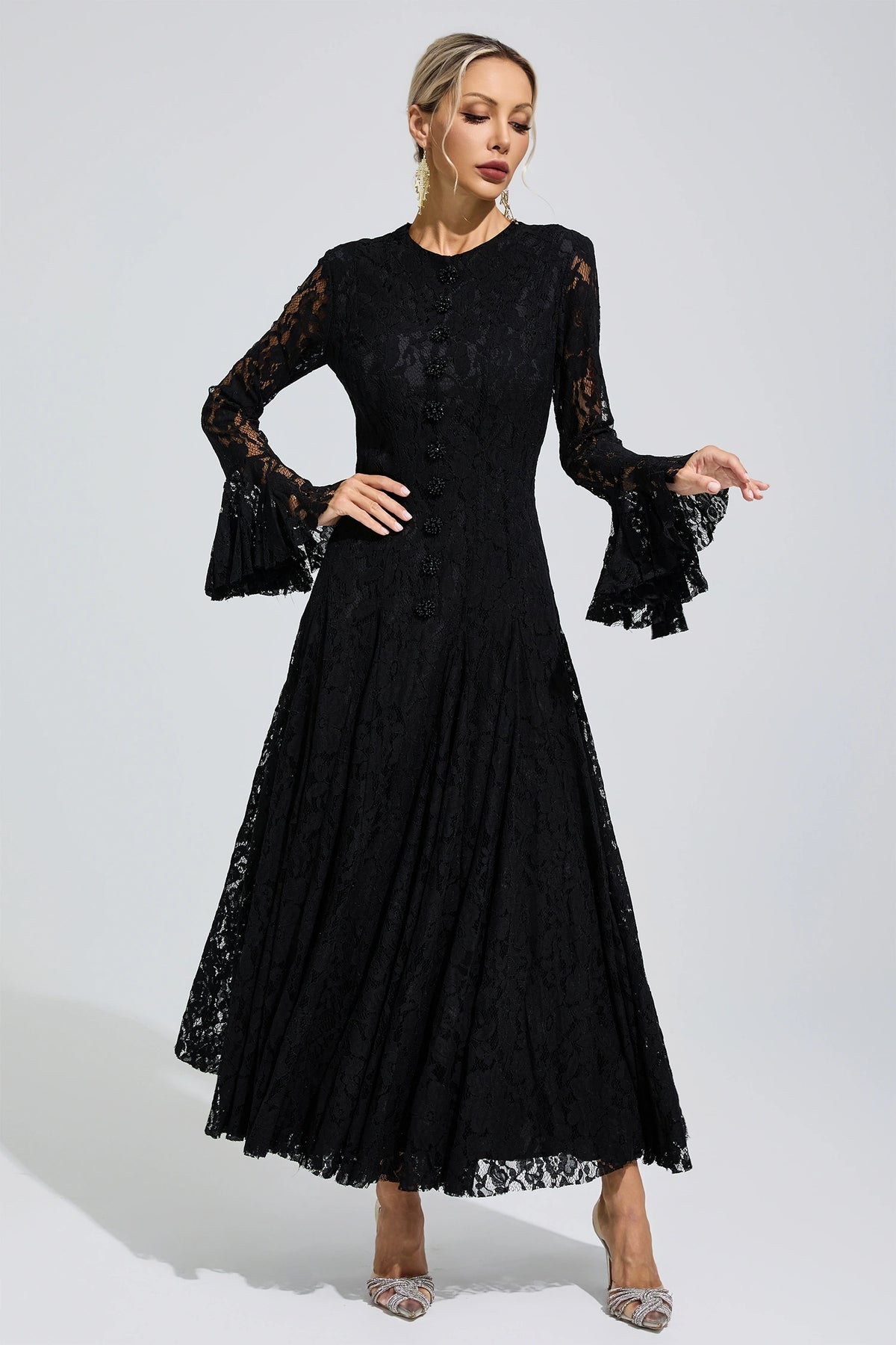 Arqelis Black Bell Sleeve Lace Maxi Dress