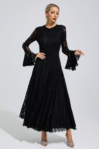 Arqelis Black Bell Sleeve Lace Maxi Dress