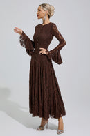 Arqelis Brown Bell Sleeve Lace Maxi Dress