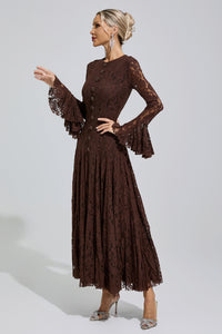 Arqelis Brown Bell Sleeve Lace Maxi Dress