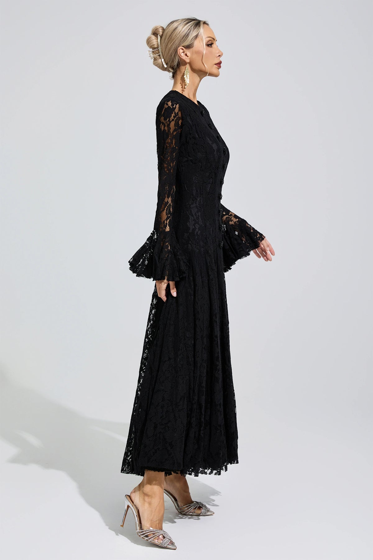 Arqelis Black Bell Sleeve Lace Maxi Dress
