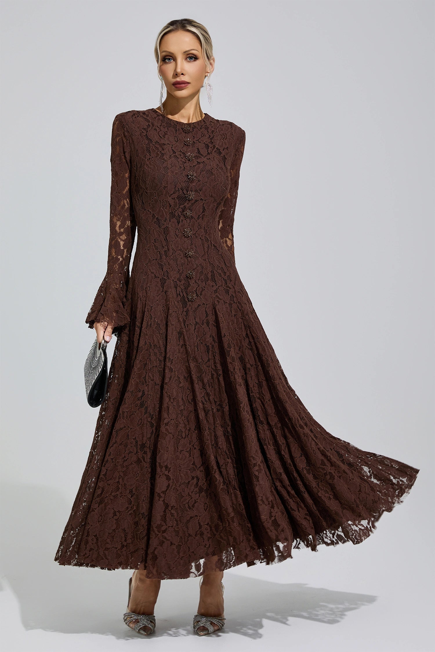 Arqelis Brown Bell Sleeve Lace Maxi Dress