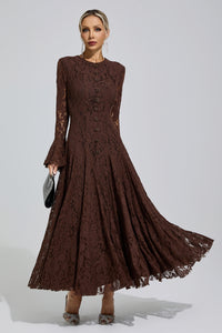 Arqelis Brown Bell Sleeve Lace Maxi Dress